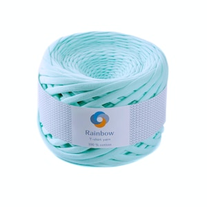 Può includere: Un gomitolo di filato per maglie di colore azzurro chiaro, realizzato in 100% cotone. Il filato è avvolto a forma di palla e ha un'etichetta con la scritta "Rainbow T-shirt yarn 100% cotton".