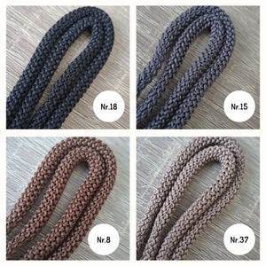 May include: Four close-up images of different colored braided cords. The cords are all the same thickness and have a similar texture. The cords are labeled with numbers: Nr. 18, Nr. 15, Nr. 8, and Nr. 37.