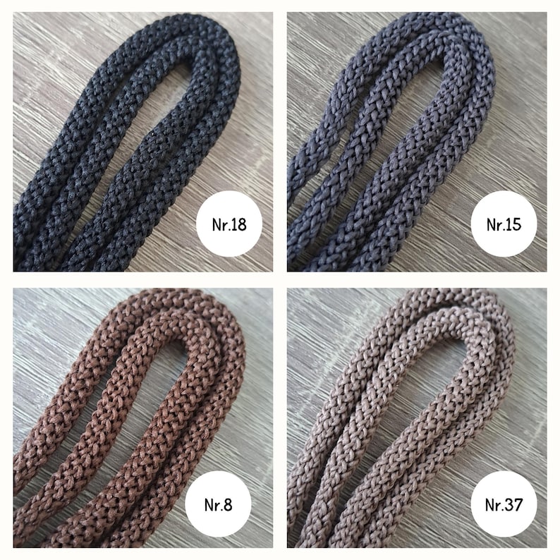 May include: Four close-up images of different colored braided cords. The cords are all the same thickness and have a similar texture. The cords are labeled with numbers: Nr. 18, Nr. 15, Nr. 8, and Nr. 37.