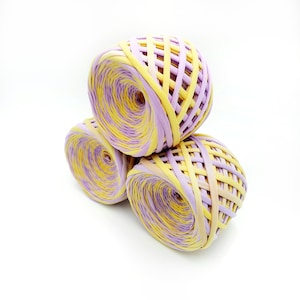 T-shirt  yarn hand dyed lilla color for crocheting bags, baskets, carpets, yellow-violet  color,Length  100 m (109 yards), Thickness 7-9 mm