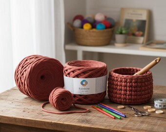 May include: A still-life image of terracotta-colored yarn and crochet supplies. The scene includes large spools of yarn, a small crocheted basket with a wooden hook, and a small ball of yarn. The label on the yarn reads "Rainbow". Also present are colored pencils, scissors, and wooden buttons.
