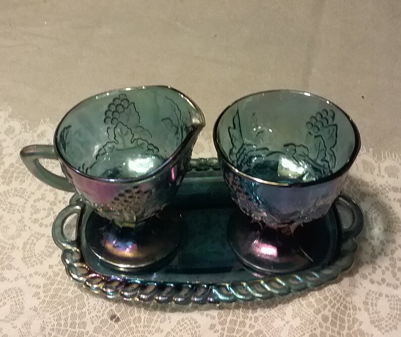 Vintage Blue Iridescent Carnival Glass Sugar and Creamer Set Etsy
