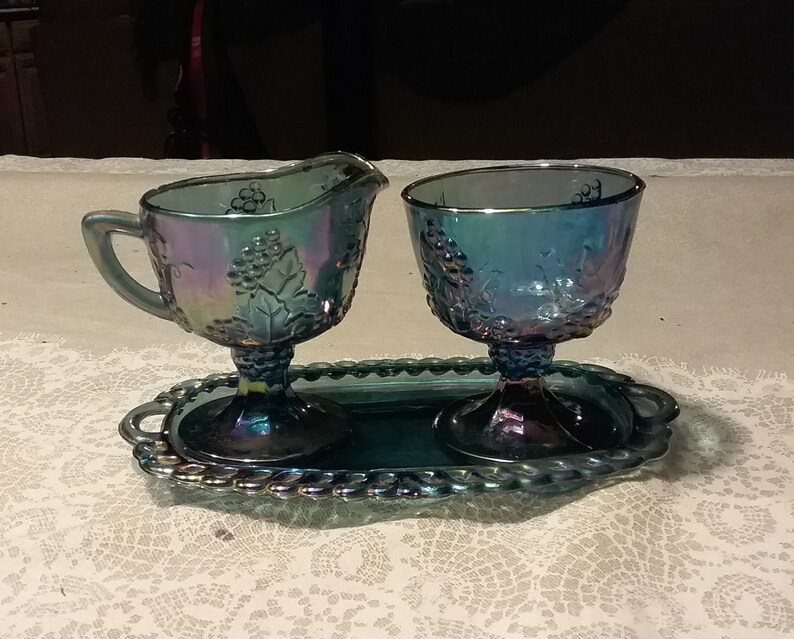 Vintage blue iridescent carnival glass sugar and creamer set Etsy