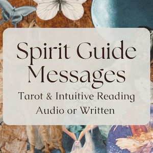 Puede incluir: Imagen con el texto "Spirit Guide Messages" sobre un fondo de mariposas, imágenes celestiales y una textura similar a la madera. El texto también incluye "Tarot & Intuitive Reading" y "Audio or Written".