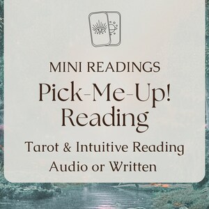 May include: A digital illustration of two tarot cards with a stylized eye and planet design. The text reads "MINI READINGS Pick-Me-Up! Reading Tarot & Intuitive Reading Audio or Written"