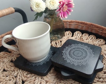 20cm x 20 cm Mandala Engraved Placemat | Set of 4 Square  10cm x 10cm Engraved Coasters | Onyx Corian Coasters