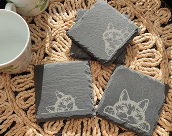 Cat Coasters 10cm x 10 cm  | Slate Coasters for Cat Lovers | Engraved Cat graphic | Set of 4 different designs