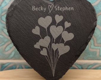 Personalized Valentine's Day Gift. Engraved Heart Coaster with Names and Balloons | Slate Engraved Coaster.