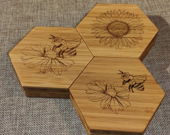 Bamboo Coasters with Bees | Waxed Hexagon coasters with engraved bees | Set of 6 | 3 Designs: Flower & Bees