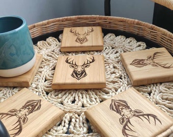 Stag Coaster | Bamboo Engraved Coaster with Deer | Wildlife Coaster | 16 mm Thick coasters | Size 10cm x 10 cm