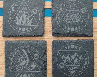 Square Slate Coasters | Set of 4 Elements Engraved Coasters | Earth, Water, Fire & Air | 10cm x 10 cm