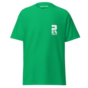May include: A bright green t-shirt with a white "R" logo and the word "RIDDLER" underneath. The shirt is made of a soft, comfortable material.