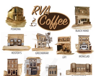 RVA Coffee Shop Prints and Cards | Richmond, VA | Alchemy | Blanchards | Sefton | Lamplighter | Rostov's | Roastology | Riverbend | Ironclad