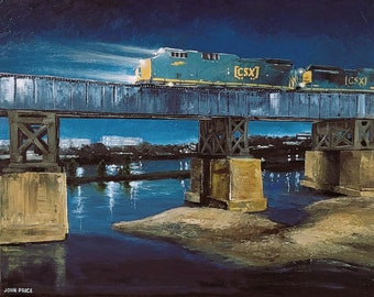 CSX Train at Night Fine Art Print | Train Art | Night Painting | Richmond Virginia | Landscape Painting | Virginia