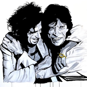 Puede incluir: Ilustración en blanco y negro de dos hombres riendo y abrazándose. El hombre de la izquierda tiene el pelo largo y rizado y el hombre de la derecha tiene el pelo corto y liso. Ambos llevan camisas blancas.