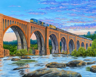 James River Bridge Spring Sunset Fine Art Print | Richmond Art | Sunset Painting | Bridge Painting | Richmond | Richmond Virginia