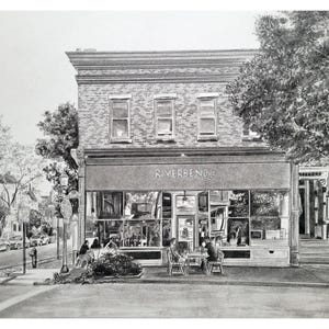 May include: A detailed pencil drawing of a two-story brick building with the word "RIVERBEND" above the windows. The storefront has tables and chairs outside, with people seated. Cars are parked along the street, and trees frame the building.