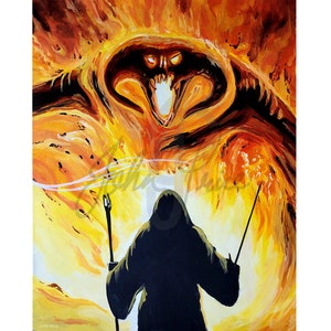 May include: A painting depicting a silhouette of a figure holding a staff, standing before a fiery, orange and yellow background. The figure is facing a large, fiery, orange and yellow creature with a gaping maw.