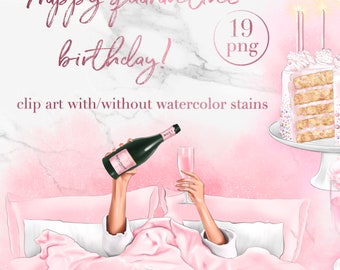 Clip art de cumpleaños en cuarentena - Ilustración de moda para fiestas en casa - Pastel, champán, globos, pegatinas imprimibles - acuarela rosa