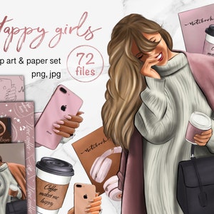 Glam girl clipart, fashion illustration digital download, pink seamless pattern jpg, girl boss clipart, black woman png, girl boss & coffee