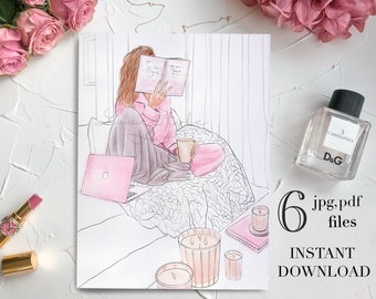Livre amoureux fille - illustration de mode numérique. Impression aquarelle rose. Travaillez à partir de l'art mural de quarantaine à domicile. Restez à la maison art imprimable. jpg