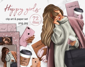 Glam girl clipart, fashion illustration digital download, pink seamless pattern jpg, girl boss clipart, black woman png, girl boss & coffee