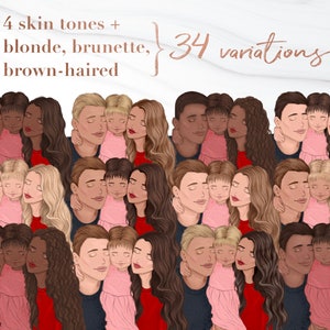 May include: Illustration of 34 variations of couples with different skin tones, hair colors, and clothing. The couples are embracing and have their eyes closed. The text "4 skin tones + blonde, brunette, brown-haired { 34 variations" is visible in the top left corner of the image.