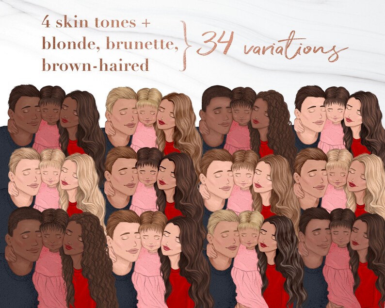 May include: Illustration of 34 variations of couples with different skin tones, hair colors, and clothing. The couples are embracing and have their eyes closed. The text "4 skin tones + blonde, brunette, brown-haired { 34 variations" is visible in the top left corner of the image.
