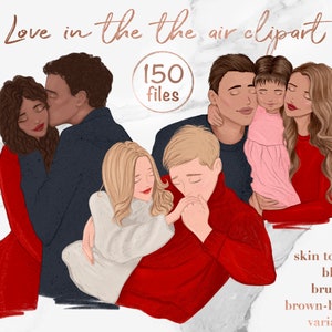 May include: Digital clipart illustration of four people, two couples and a child, in various poses. The image features four different skin tones, blonde, brunette, and brown-haired variations. The text "Love in the air clipart" and "150 files" is included in the image.