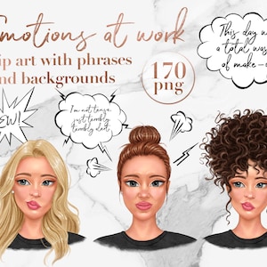 Clipart d'émotions drôles, sentiments dans le clipart de bureau, personnes avec des autocollants numériques de phrases, fille patron mode illustration sublimation png