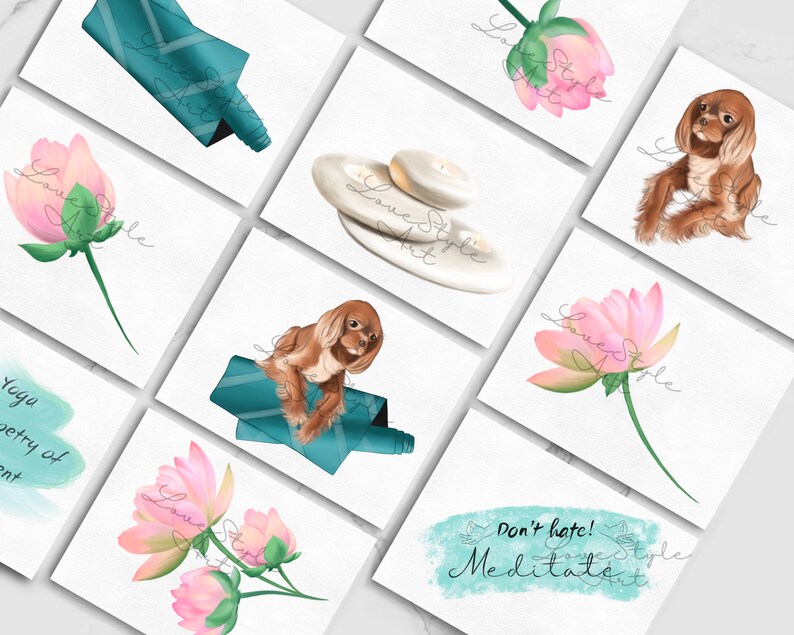 May include: A set of 10 printable cards featuring illustrations of a dog, flowers, and yoga mats. The cards have a watercolor background and the text "Don't hate! Meditate" on one card.