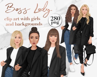 Modern boss lady clip art, glam fashion girl clipart, pastel backgrounds, customizable planner girl in office, fashion illustration, png