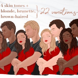 May include: Four couples embracing, each with a different skin tone and hair color. The couples are wearing red shirts and black pants. The image includes the text "4 skin tones + blonde, brunette, brown-haired { 22 variations"