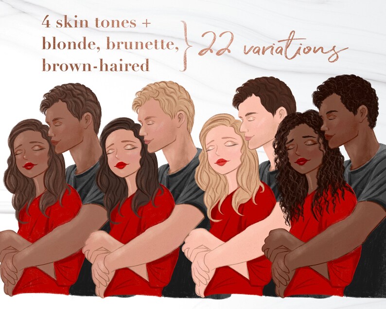 May include: Four couples embracing, each with a different skin tone and hair color. The couples are wearing red shirts and black pants. The image includes the text "4 skin tones + blonde, brunette, brown-haired { 22 variations"