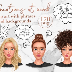 Puede incluir: Tres ilustraciones de mujeres con diferentes expresiones faciales y burbujas de pensamiento sobre sus cabezas. Las burbujas de pensamiento contienen el texto "EW!" "No estoy tensa, solo terriblemente, terriblemente alerta" y "Este d&iacute;a fue una p&eacute;rdida total de maquillaje."