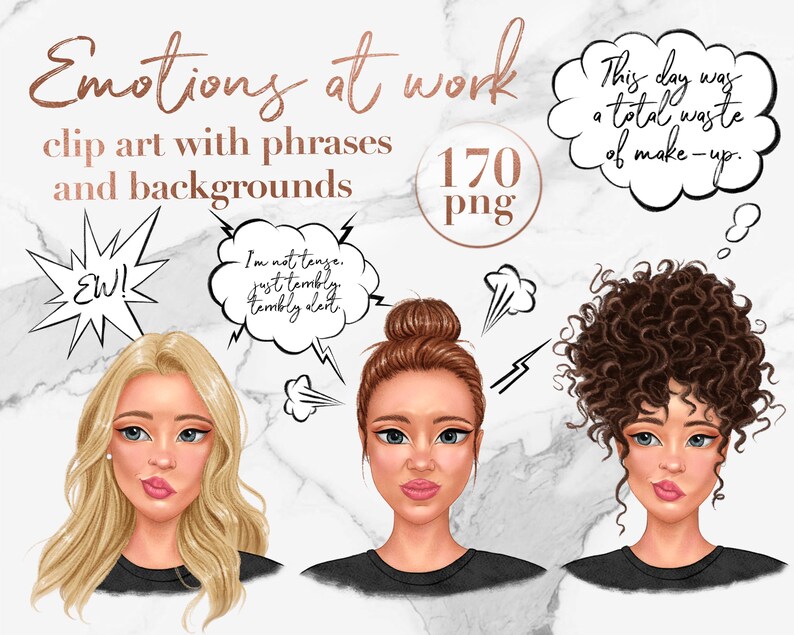 Puede incluir: Tres ilustraciones de mujeres con diferentes expresiones faciales y burbujas de pensamiento sobre sus cabezas. Las burbujas de pensamiento contienen el texto "EW!" "No estoy tensa, solo terriblemente, terriblemente alerta" y "Este d&iacute;a fue una p&eacute;rdida total de maquillaje."