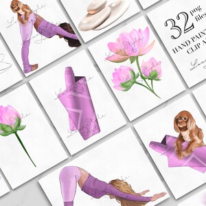May include: A set of 32 hand-painted digital clip art images featuring yoga poses, lotus flowers, and a dog. The images are in a watercolor style with pink, purple, and white colors.