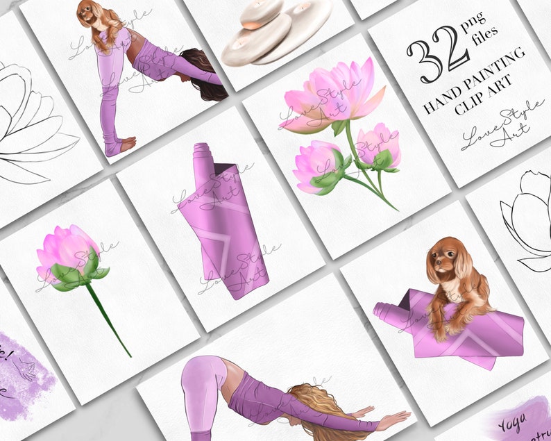 May include: A set of 32 hand-painted digital clip art images featuring yoga poses, lotus flowers, and a dog. The images are in a watercolor style with pink, purple, and white colors.