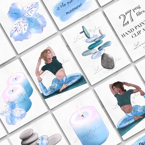 May include: A set of 27 hand-painted digital clip art images featuring yoga poses, candles, flowers, and stacked stones. The images are in a blue and white color scheme and have a watercolor style.