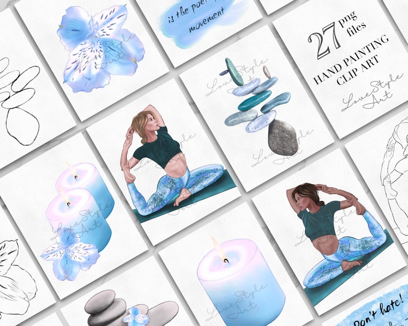 May include: A set of 27 hand-painted digital clip art images featuring yoga poses, candles, flowers, and stacked stones. The images are in a blue and white color scheme and have a watercolor style.