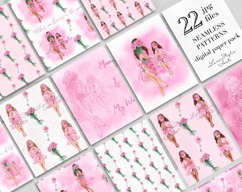 Pack papier numérique mère et fille. Fond aquarelle rose. Modèle sans couture pour la fête des mères. Papier scrapbook imprimable. Artisanat floral