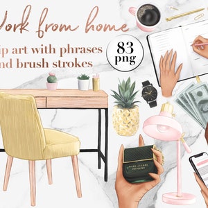 Modern home office clipart, business planner stickers, fashion stationery clip art, self care png files, lady boss digital download