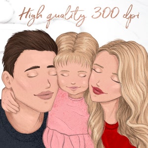 May include: A digital illustration of a family with a father, mother, and daughter. The father is wearing a black shirt, the mother is wearing a red shirt, and the daughter is wearing a pink dress. They are all smiling and looking at each other.