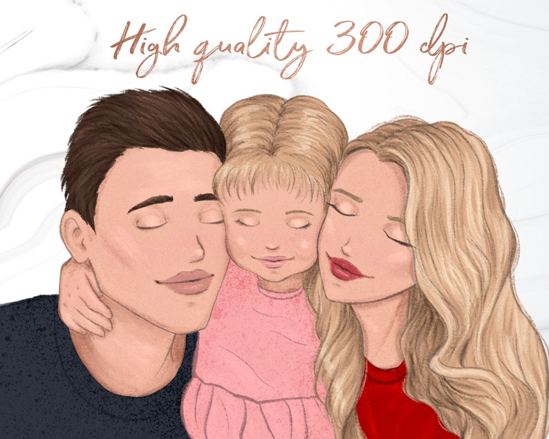 May include: A digital illustration of a family with a father, mother, and daughter. The father is wearing a black shirt, the mother is wearing a red shirt, and the daughter is wearing a pink dress. They are all smiling and looking at each other.