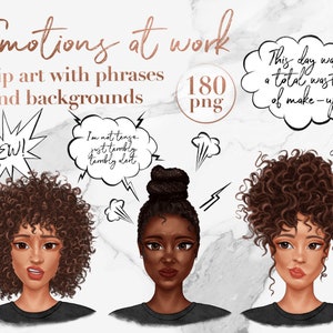 Emocje w pracy clipart, zabawne uczucia naklejki cyfrowe, nowoczesne cliparty afro dziewczyny, cliparty modowych dziewczyn, ilustracje afroamerykańskie
