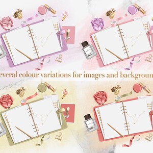 Peut inclure: Quatre variations de couleurs diff&eacute;rentes d'une mise en sc&egrave;ne &agrave; plat mettant en sc&egrave;ne un agenda rose, violet, vert et p&ecirc;che avec une reliure spirale dor&eacute;e. L'agenda est ouvert sur une page blanche avec un crayon dor&eacute; sur le dessus. L'agenda est entour&eacute; de divers objets d&eacute;coratifs, dont un petit flacon de parfum, une rose, un rouleau de ruban adh&eacute;sif, une petite bougie et quelques trombones.