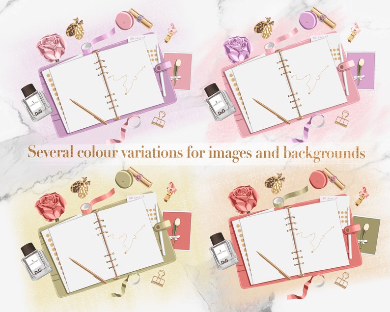 Peut inclure: Quatre variations de couleurs diff&eacute;rentes d'une mise en sc&egrave;ne &agrave; plat mettant en sc&egrave;ne un agenda rose, violet, vert et p&ecirc;che avec une reliure spirale dor&eacute;e. L'agenda est ouvert sur une page blanche avec un crayon dor&eacute; sur le dessus. L'agenda est entour&eacute; de divers objets d&eacute;coratifs, dont un petit flacon de parfum, une rose, un rouleau de ruban adh&eacute;sif, une petite bougie et quelques trombones.