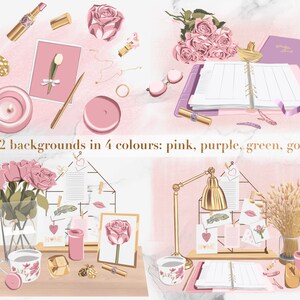 Peut inclure: Un ensemble d'illustrations num&eacute;riques d'articles de papeterie sur le th&egrave;me rose, or et blanc, comprenant un bouquet de roses, une bougie, un agenda, une lampe et un ananas dor&eacute;. L'ensemble d'illustrations comprend 22 fonds en quatre couleurs&nbsp;: rose, violet, vert et or.