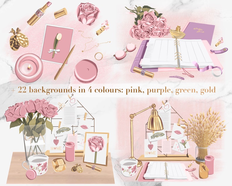Peut inclure: Un ensemble d'illustrations num&eacute;riques d'articles de papeterie sur le th&egrave;me rose, or et blanc, comprenant un bouquet de roses, une bougie, un agenda, une lampe et un ananas dor&eacute;. L'ensemble d'illustrations comprend 22 fonds en quatre couleurs&nbsp;: rose, violet, vert et or.