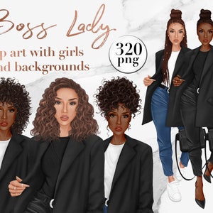 Puede incluir: Conjunto de im&aacute;genes digitales de clip art de cuatro mujeres con diferentes peinados que llevan chaquetas negras y camisas blancas. El texto "Boss Lady" y "clip art with girls and backgrounds" est&aacute; en la parte superior de la imagen. El texto "320 png" est&aacute; en un c&iacute;rculo en la parte superior derecha de la imagen.